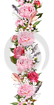 Floral border with pink peony flowers, cherry blossom, bird feathers. Vintage seamless stripe in boho style. Watercolor