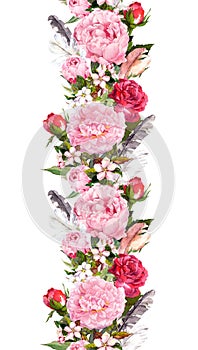 Floral border with pink peony flowers, roses, cherry blossom, bird feathers. Vintage seamless stripe in boho style