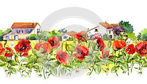 Floral border with poppies, rural farm houses. Watercolor meadow flowers, grass, herbs. Seamless strip frame