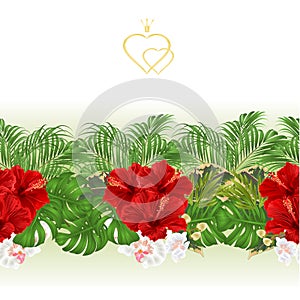 Floral border seamless background with blooming hibiscus and orchid and tropical leaves vector Illustration for use in interior de