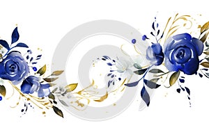 Floral border with watercolor cobalt and golden roses and leaves on white background