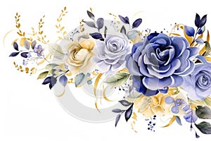 Floral border with watercolor cobalt and golden roses and leaves on white background