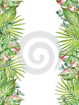 Floral border with watercolor green tropical leaves and branches