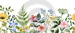 Floral border. Watercolor illustration features assorted wildflowers, grass, greenery. Colorful flowers painting. Botanical frame
