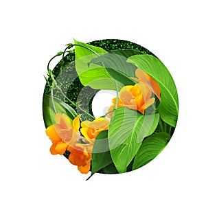 Floral botanical alphabet. letter o with plants and flowers decoration