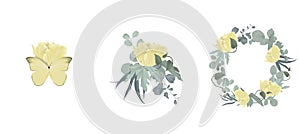 Floral bouquet composition set, yellow tulip flowers and leaves