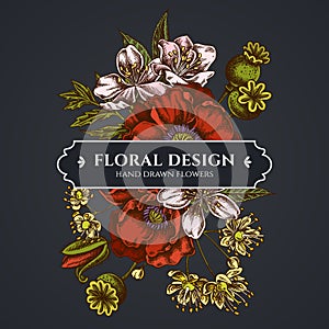 Floral bouquet dark design with almond, poppy flower, tilia cordata