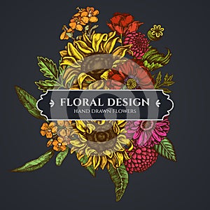 Floral bouquet dark design with poppy flower, gerbera, sunflower, milkweed, dahlia, veronica