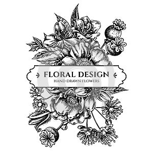 Floral bouquet design with black and white almond, poppy flower, tilia cordata