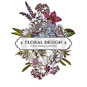 Floral bouquet design with colored anemone, lavender, rosemary everlasting, phalaenopsis, lily, iris