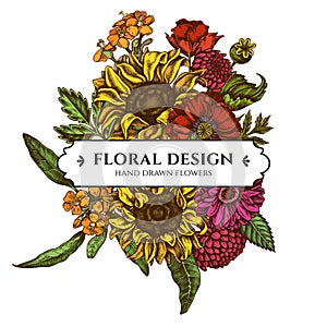 Floral bouquet design with colored poppy flower, gerbera, sunflower, milkweed, dahlia, veronica