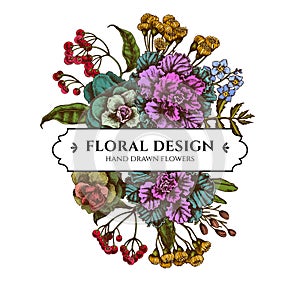 Floral bouquet design with colored wax flower, forget me not flower, tansy, ardisia, brassica, decorative cabbage