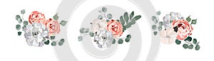 Floral bouquet design: garden pink rose cotton, succulent, eucalyptus branch greenery leaves