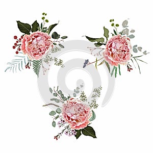Floral bouquet design: garden  pink Rose wax flower, Eucalyptus branch greenery leaves.