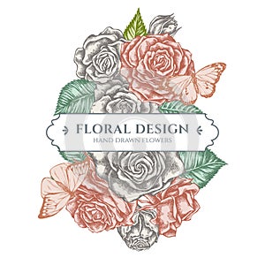 Floral bouquet design with pastel great orange-tip, plain tiger, roses