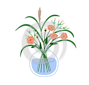 Floral bouquet in glass vase. Gentle flowers bunch. Wildflower blooms arrangement, delicate field and meadow blossoms