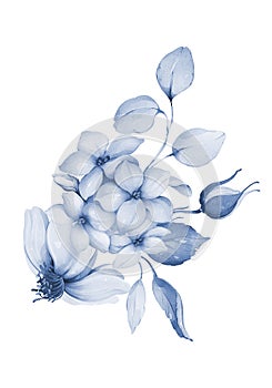 Floral bouquet in indigo tones on a white background