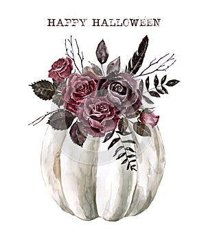 Floral bouquet made in vintage Victorian style. Watercolor black, red, purple roses and white pumpkin arrangement