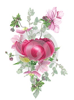 Floral bouquet with peonies, anemones, eucalyptus and leaves. Watercolor painting.