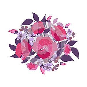 Floral bouquet. Pink, purple, violet abstract vector flowers, buds, blue leaves.