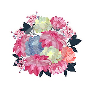 Floral bouquet. Pink, yellow, blue vector flowers, blue leaves on white background.
