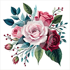 Floral bouquet, vector illustration. Red, white, and blue flowers roses