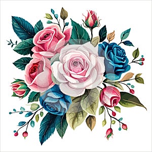 Floral bouquet, vector illustration. Red, white, and blue flowers roses