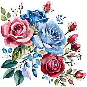 Floral bouquet, vector illustration. Red, white, and blue flowers roses