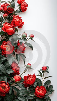 a floral bouquet of vibrant red peony flowers bordering a crisp white background, creating a striking visual contrast