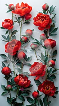 a floral bouquet of vibrant red peony flowers bordering a crisp white background, creating a striking visual contrast