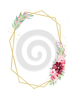 Floral branch watercolor hand drawn raster frame template