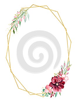 Floral branch watercolor hand drawn raster frame template