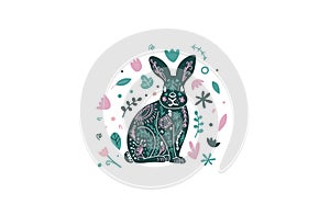 Floral bunny emblem. Cute scandi rabbit, easter bunny illustration. Vector funky print with bunny in simple minimal