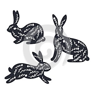 Floral bunny silhouette bundle. Meadow rabbits set.