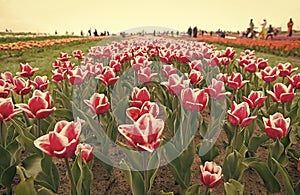 Floral business. Growing bulb plants. Gorgeous tulips. Blooming tulip fields in flower growing region. Spring park