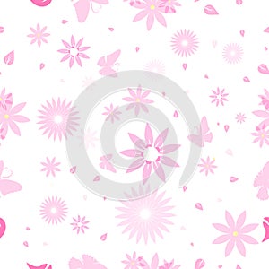 Floral and butterfly seamless pattern pink flowers scatter in na