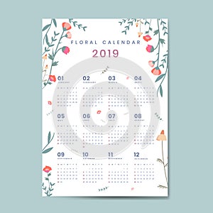 Floral calendar 2019 vector poster