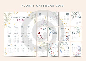 Floral calendar 2019 vector set