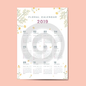 Floral calendar 2019 vector set