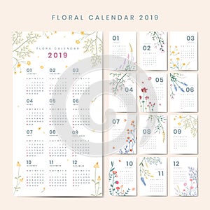 Floral calendar 2019 vector set