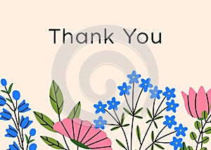 Floral card background. Spring delicate flowers on thanking gratitude postcard design with wildflowers. Blooming photo