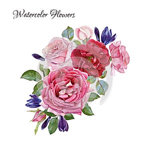 Floral card. Bouquet of watercolor roses and crocuses photo