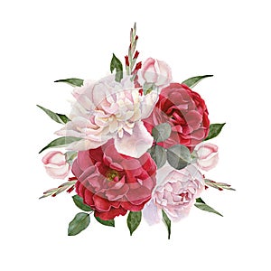 Floral card. Bouquet of watercolor roses and white peonies.