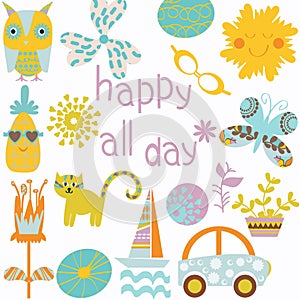 Floral card with cat, butterfly and owl and with inscription Happy all day. Cute background.