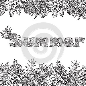 Floral card design, flowers and leaf doodle elements. Letterig text.