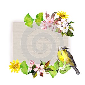 Floral card - flowers and pretty bird at paper texture. Watercolor pattern