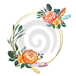FLoral card temlate in bohemian style. Gold hoop wreath with watercolor pink and orange peony and green leaf. Flowers frame