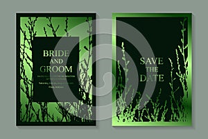 Floral card templates with metallic plants or grass on a dark green background