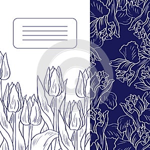 Floral card with tulips and irises