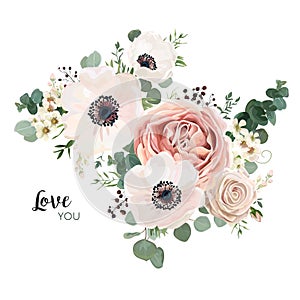 Floral card vector Design: garden flower lavender pink peach Rose white Anemone wax green Eucalyptus thyme leaves elegant greener